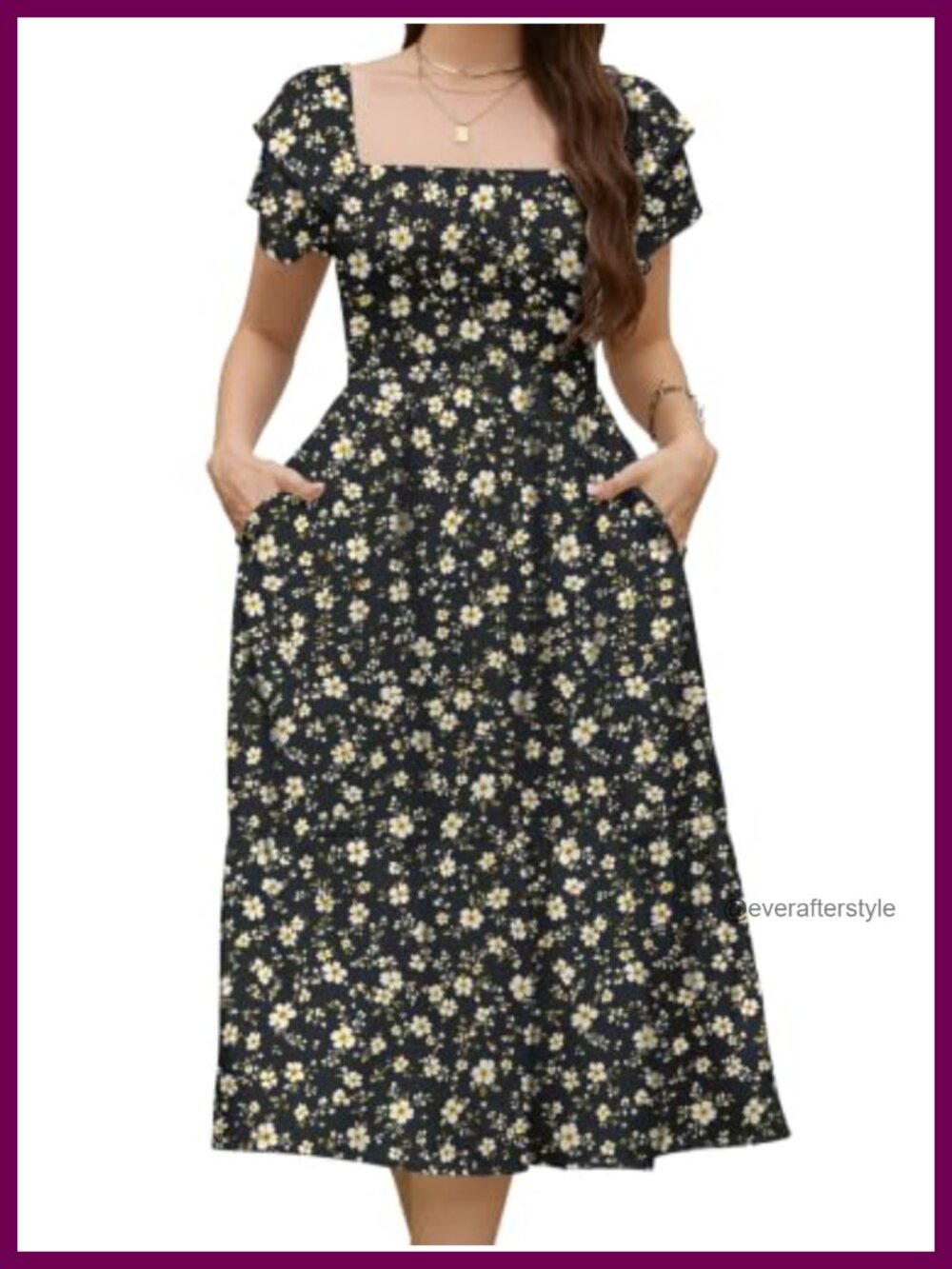 Womens Floral Midi Dress Puff Sleeve Square Neck Smocked Tiered Flowy